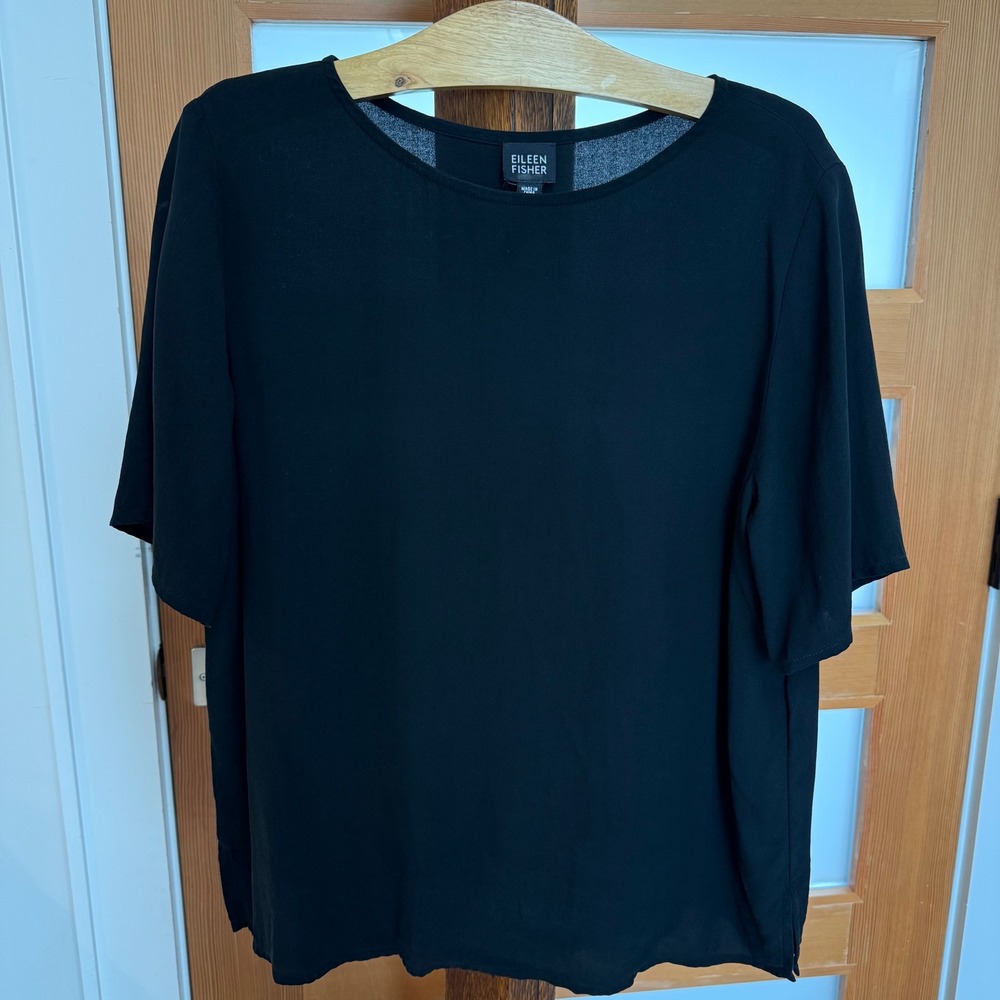 Eileen Fisher Black Silk Short Sleeve Round Neck Minimalist Career Top Med EUC - Picture 2 of 10